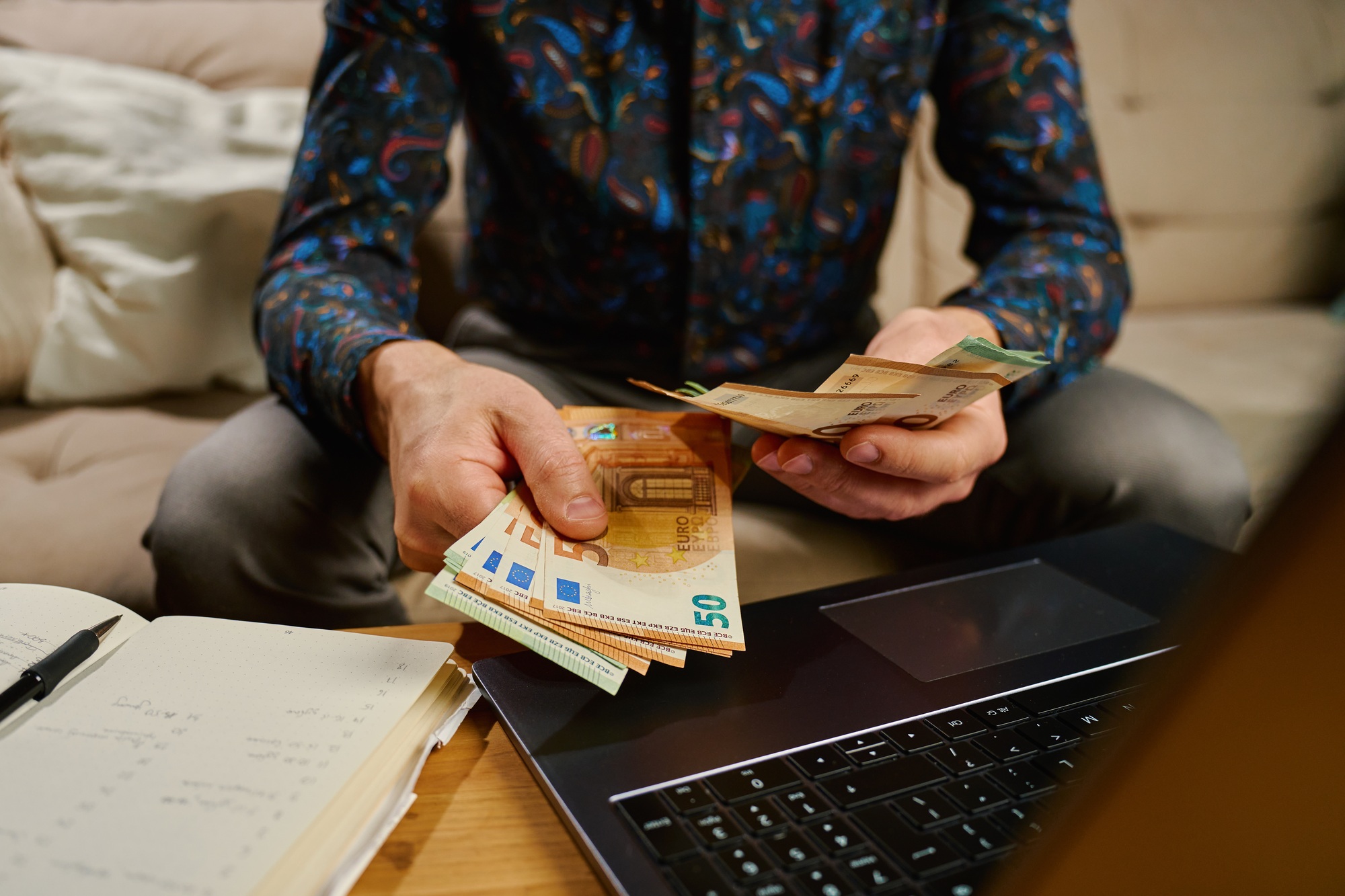 Man Counting Euro Banknotes, Financial Planning with Cash Money