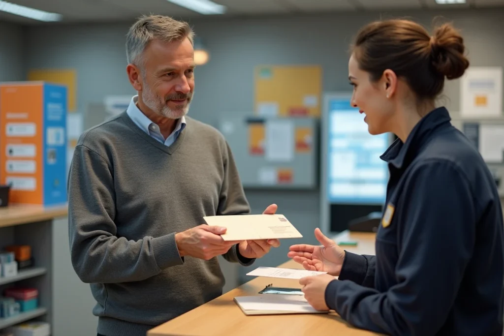 Client déposant une enveloppe au guichet d'un bureau de poste pour un virement ou une réclamation