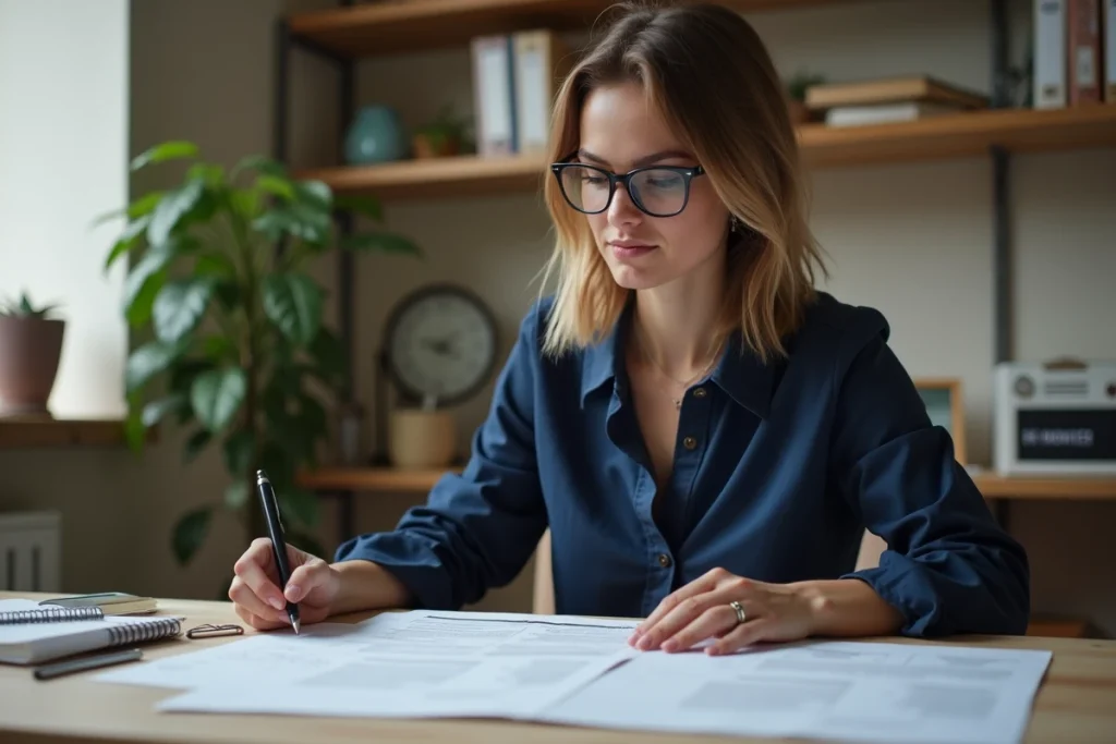 Femme consultant des documents fiscaux liés au formulaire H1 dans un bureau à domicile