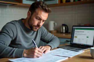 Homme remplissant le formulaire H1 impôt logement à la table de sa cuisine