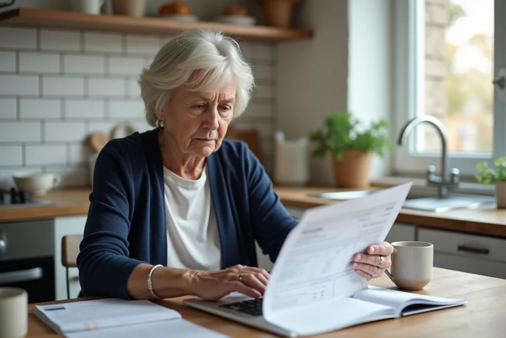 Femme consultant un relevé bancaire et un chéquier pour gérer une réclamation au Centre Financier La Banque Postale