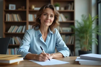 Femme remplissant un formulaire de réclamation bancaire à son bureau à domicile