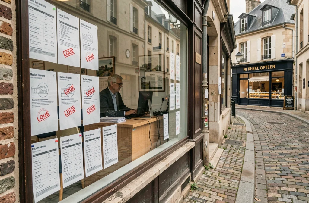 Vitrine d'une agence immobilière en ville moyenne avec annonces de location affichant des mentions Loué