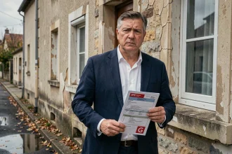 Agent immobilier tenant un diagnostic de performance énergétique classé G devant une passoire thermique en pierre aux murs fissurés