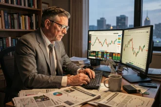 Homme en costume analysant des graphiques boursiers sur deux écrans dans un bureau encombré de documents financiers