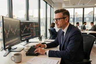 Analyste financier parisien étudiant les graphiques du CAC 40 à l'ouverture des marchés boursiers