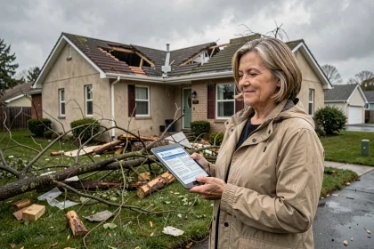 Une femme consultant des documents d'assurance habitation devant une maison endommagée par une tempête climatique