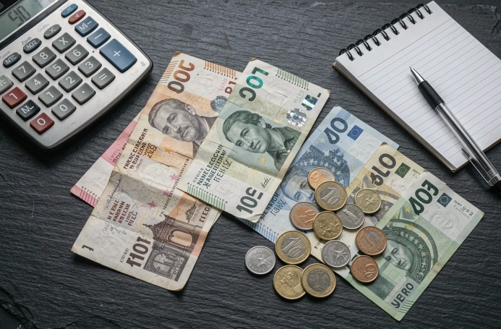 Vue aérienne de billets de francs français et d'euros posés sur une ardoise avec une calculatrice, illustrant le calcul de la valeur de 400 francs en euros