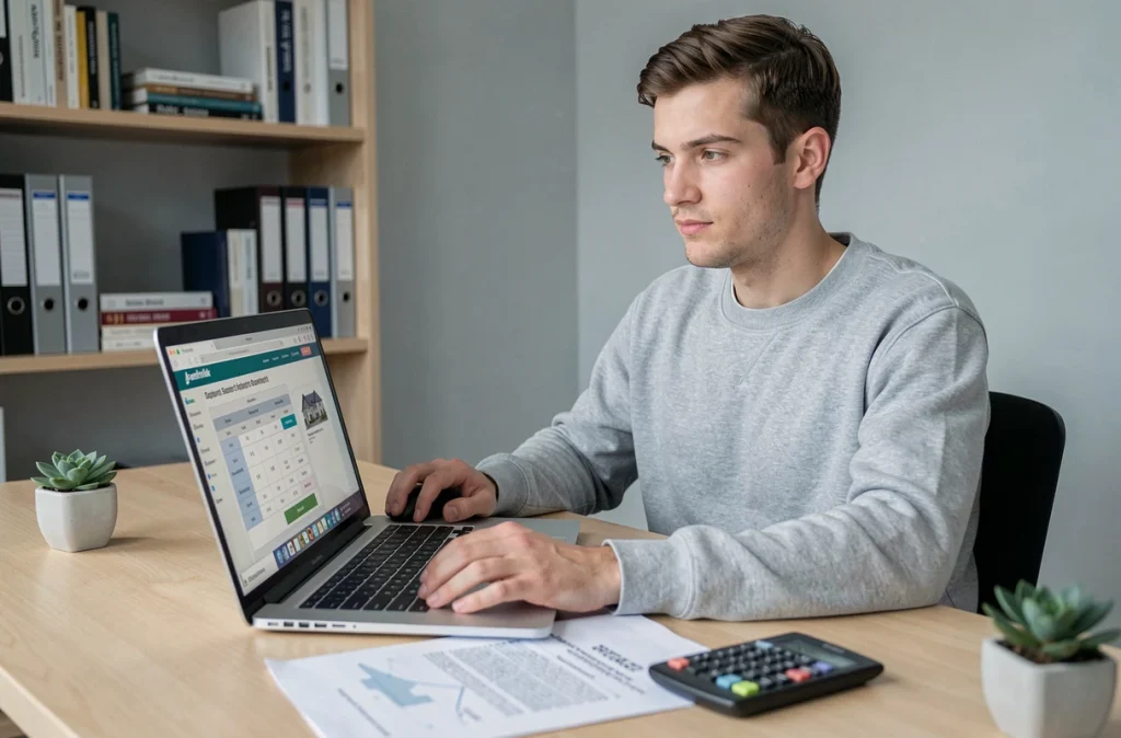 Jeune homme calculant la surface en are d'un bien immobilier sur ordinateur avec des documents notariés sur son bureau