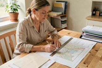 Femme calculant la surface d'une parcelle en are à l'aide d'un plan cadastral et d'une règle sur une table en bois