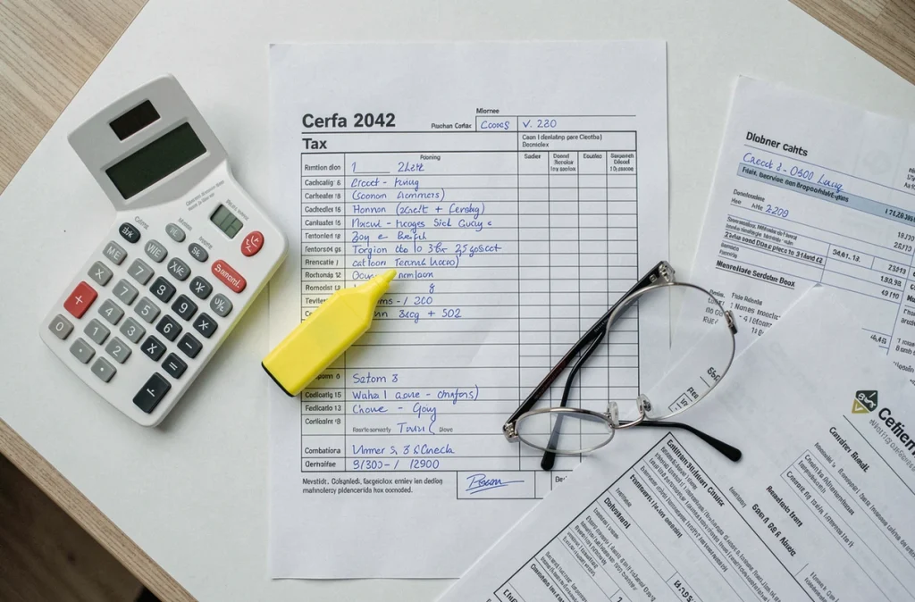 Vue aérienne du formulaire Cerfa 2042 RICI avec factures et calculatrice pour déclaration de crédit d'impôt travaux