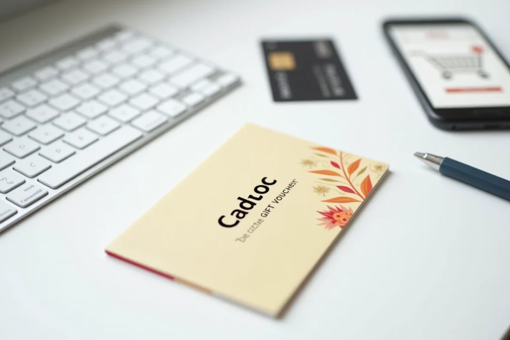 Mise en scène de bureau avec un carnet de chèques Cadhoc, un clavier, une carte bancaire et un smartphone affichant un panier d'achat en ligne, concept de conversion de chèques cadeaux