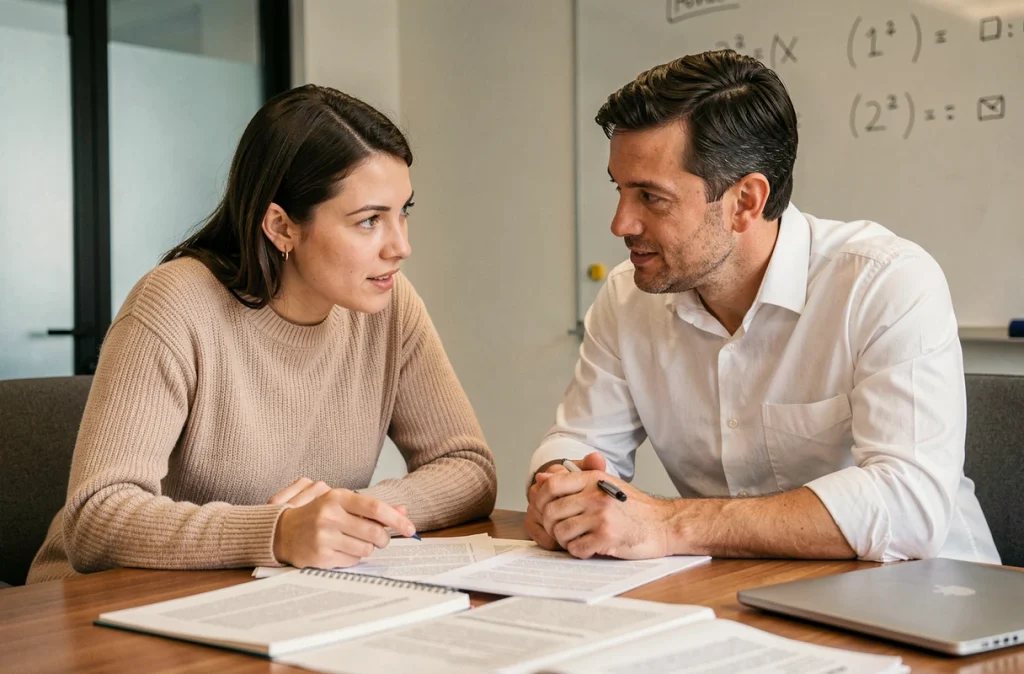 Deux collègues discutant des documents de négociation salariale autour d'une table de réunion pour calculer une augmentation de salaire
