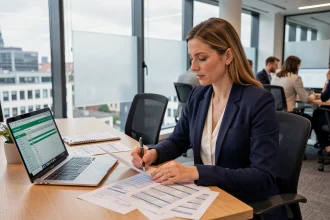 Femme cadre comparant les salaires minimums en Allemagne et en France dans un bureau moderne
