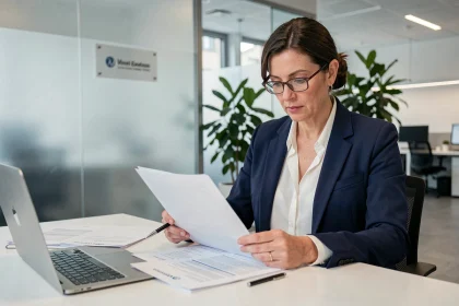 Conseillère en assurance Crédit Mutuel examinant des documents ACM IARD SA dans un bureau moderne