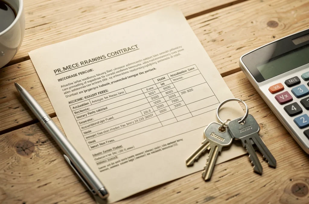 Vue de dessus d'un bureau avec contrat immobilier, clés de maison et détail des frais de notaire et frais d'acquisition