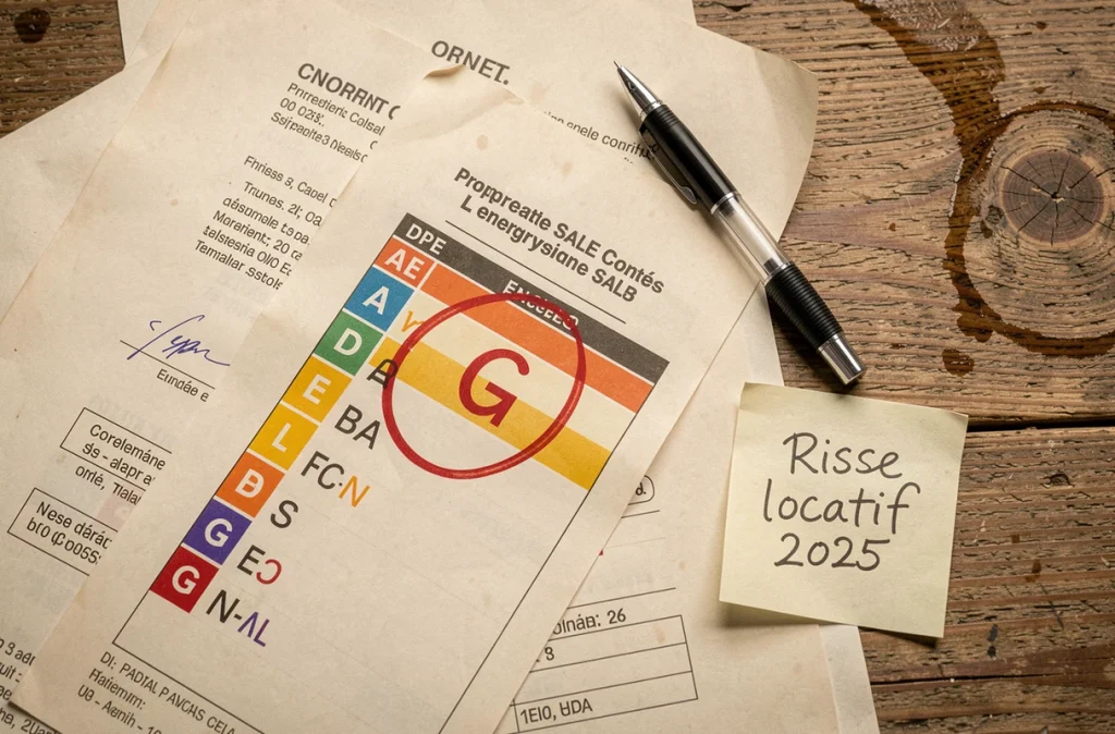 Vue aérienne d'un contrat de vente immobilier avec diagnostic DPE classé G et note manuscrite sur le risque locatif 2025