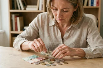 Femme examinant d'anciens billets de francs français et des pièces en euros sur un bureau en bois, symbolisant la conversion 400 francs en euros