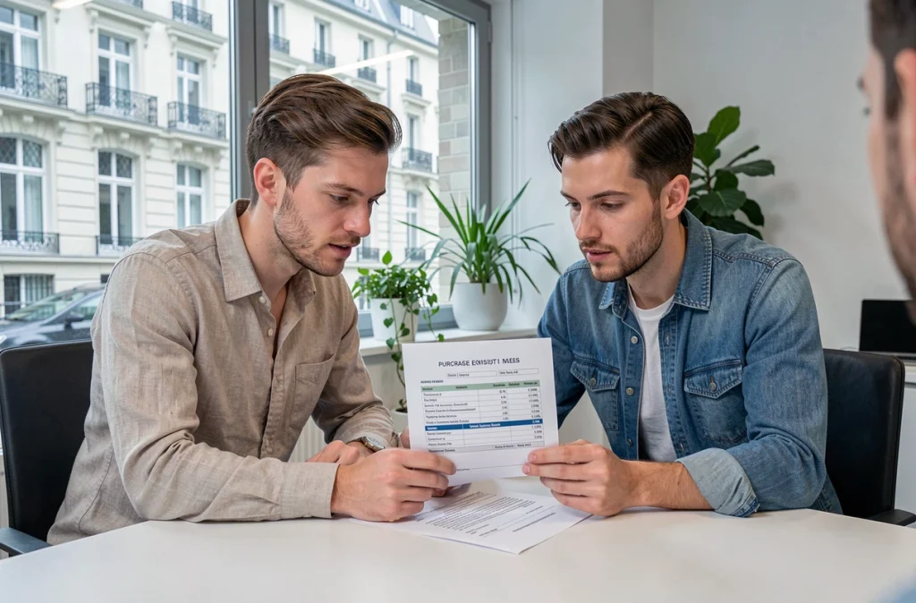 Couple d'acheteurs immobiliers consultant un document détaillant les frais de notaire dans une agence immobilière moderne