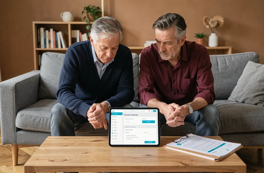 Couple préparant ensemble leur déclaration d'impôts en ligne via le portail Société Générale Particuliers sur une tablette dans leur salon