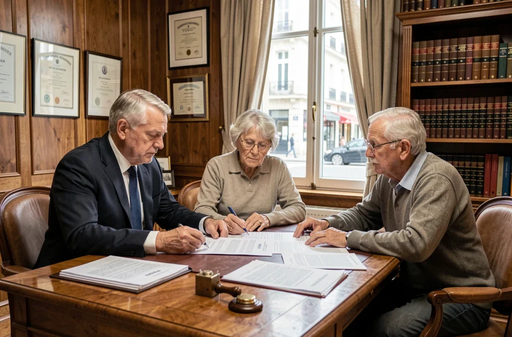 Couple de seniors signant un contrat de viager chez un notaire