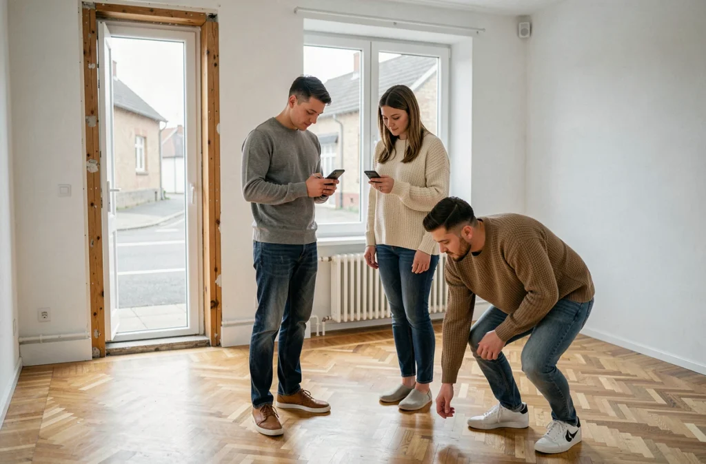 Jeune couple visitant un appartement vide à louer dans une ville moyenne française lors d'une visite locative