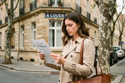 Femme cherchant un appartement à louer dans une ville moyenne française devant un immeuble avec panneau À Louer