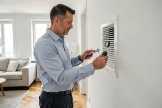 Diagnostiqueur immobilier inspectant une grille de ventilation dans un appartement moderne avec un anémomètre professionnel