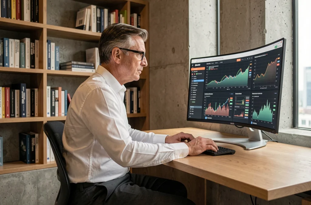 Directeur financier analysant des tableaux de bord financiers sur un écran dans son bureau professionnel
