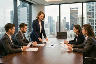 Directrice financière animant une réunion stratégique avec son équipe dans une salle de conférence moderne