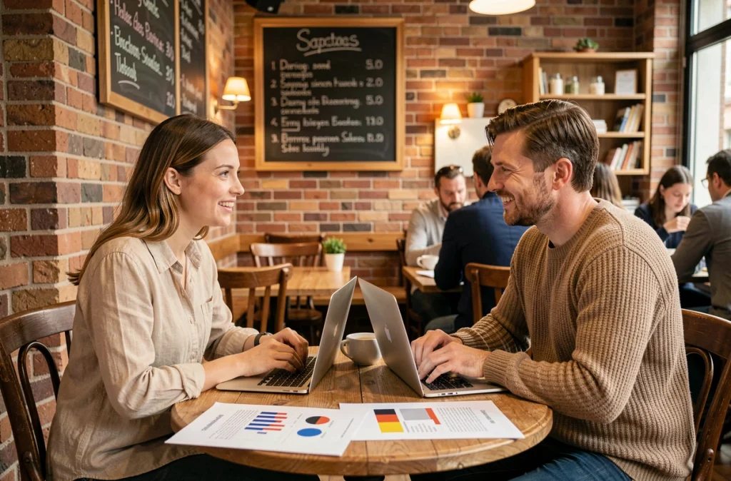 Deux collègues français et allemand discutant du salaire minimum dans un café à Strasbourg