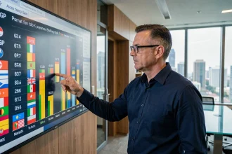 Économiste pointant un graphique de classement des pays par PIB nominal sur écran numérique dans un bureau moderne