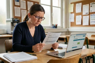 Enseignante inquiète qui examine son relevé de salaire dans une salle des professeurs d'école
