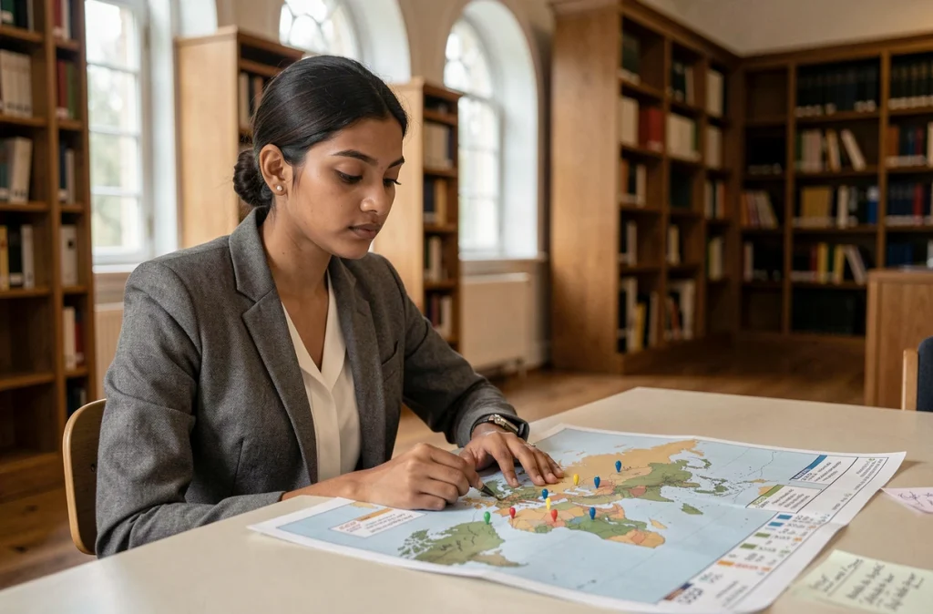 Jeune femme étudiant une carte mondiale annotée avec des données de PIB et de parité de pouvoir d'achat dans une bibliothèque universitaire