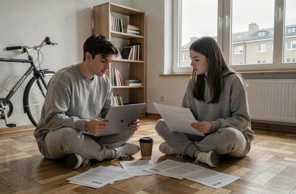 Deux étudiants consultant un contrat de bail mobilité assis sur le parquet d'un appartement meublé