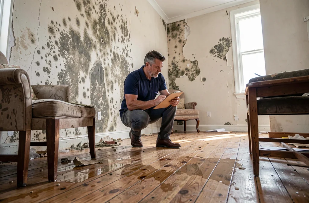Un expert en assurance évaluant les dégâts des eaux dans une maison sinistrée après des inondations