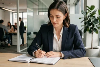 Femme cadre en costume marine calculant son salaire net en brut pour négocier une augmentation dans un bureau moderne