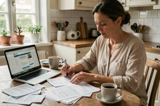 Femme remplissant le formulaire Cerfa 2042 RICI à la table de cuisine avec des reçus de travaux à domicile