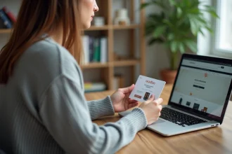 Femme tenant un carnet de chèques Cadhoc devant un ordinateur portable affichant un site de e-commerce, illustration de la conversion de chèques cadeaux en ligne