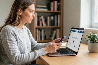Femme utilisant un ordinateur portable pour contacter La Banque Postale en ligne depuis son bureau à domicile