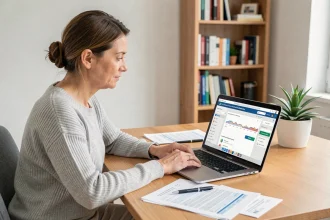 Femme consultant le portail Société Générale sur ordinateur portable pour préparer sa déclaration d'impôts en ligne depuis son bureau à domicile