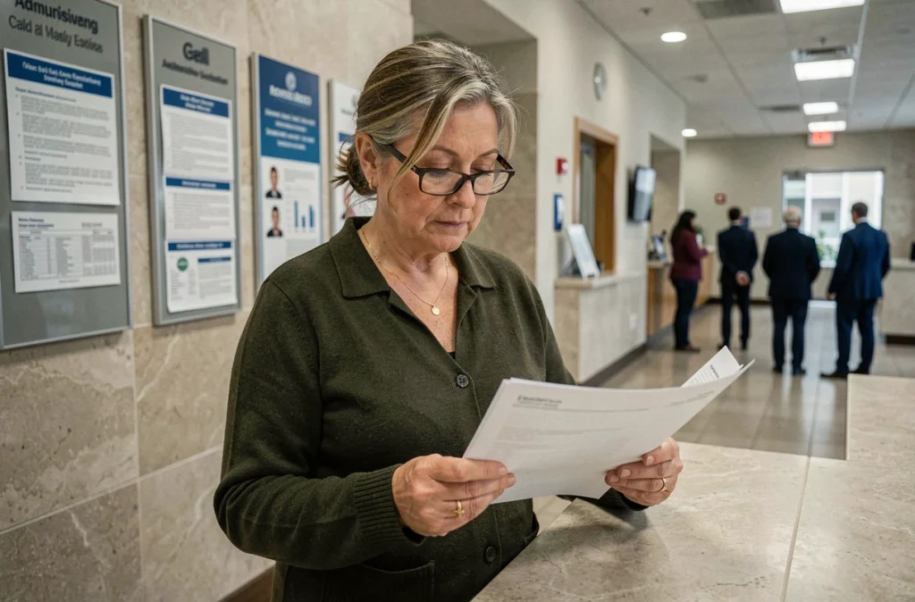 Femme consultant des documents administratifs dans le hall du SGC Mérignac