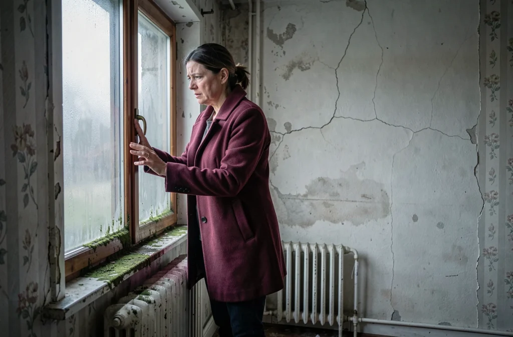 Femme inspectant une fenêtre à condensation et moisissures dans un appartement ancienne génération mal isolé