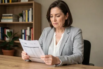 Femme consultant un relevé bancaire Calanguedoc à son bureau à domicile