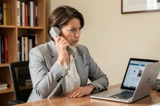 Femme frustrée tentant de joindre le SGC Mérignac par téléphone depuis son bureau à domicile