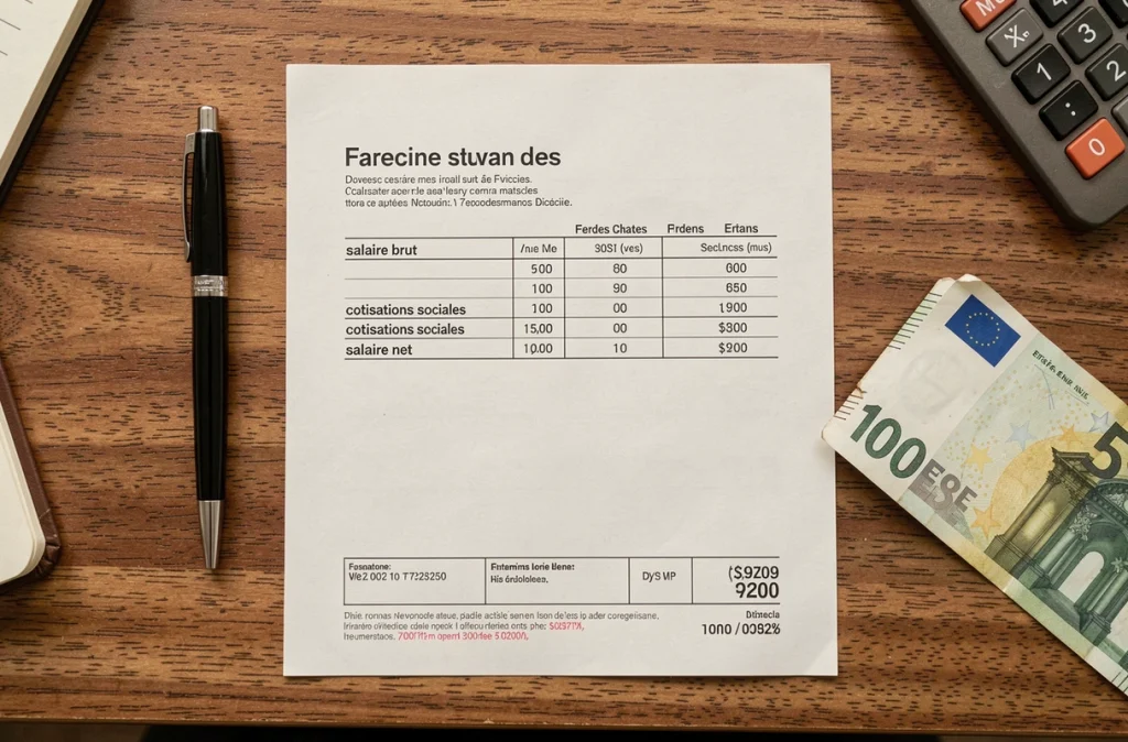 Fiche de paie française posée sur un bureau avec calculatrice et billet en euros illustrant la conversion du brut au net