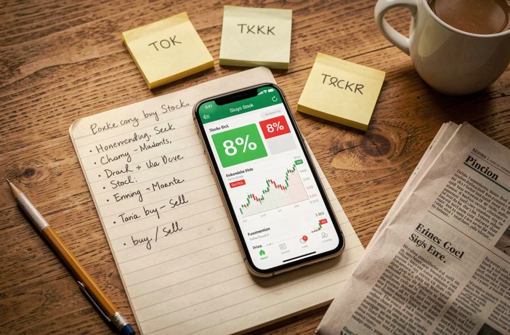 Vue de dessus d'un bureau avec smartphone affichant une application boursière, carnet de notes manuscrites et journaux financiers