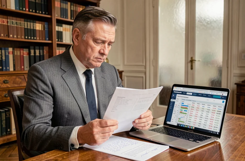 Gestionnaire de portefeuille analysant les actions du CAC 40 dans un bureau parisien classique à l'ouverture de la bourse