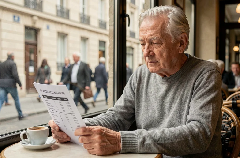 Homme âgé dans un café français consultant un tableau de conversion francs-euros, évoquant la valeur historique de 400 francs en 2026