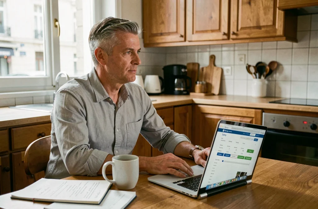 Homme calculant son salaire net depuis chez lui sur un ordinateur portable avec des notes manuscrites sur son revenu mensuel